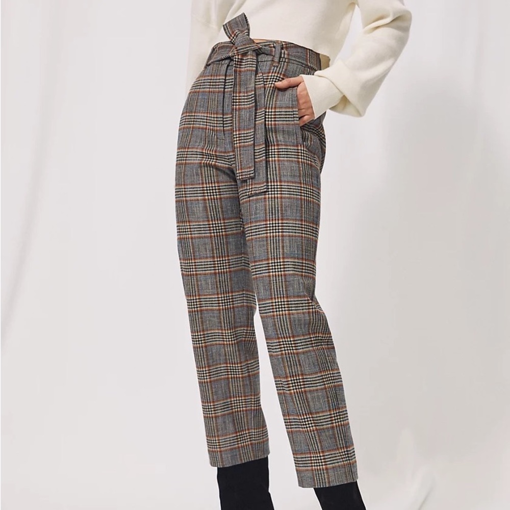 Aritzia Wilfred New Tie-Front High Rise Check Pant Navy/Rust Glen Plaid Sz 6.